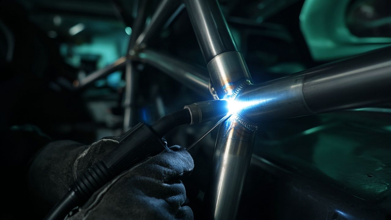 TIG welding a chromoly roll cage tube inside a stripped car shell