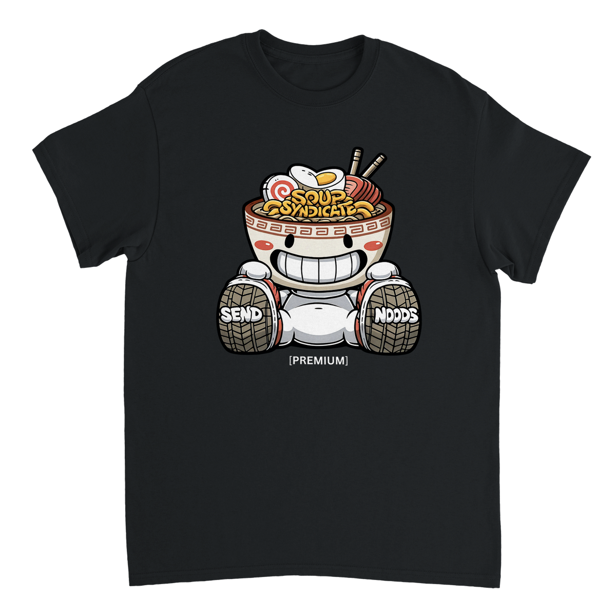Soup Syndicate Send Noods T-shirt in black, Soupman front print