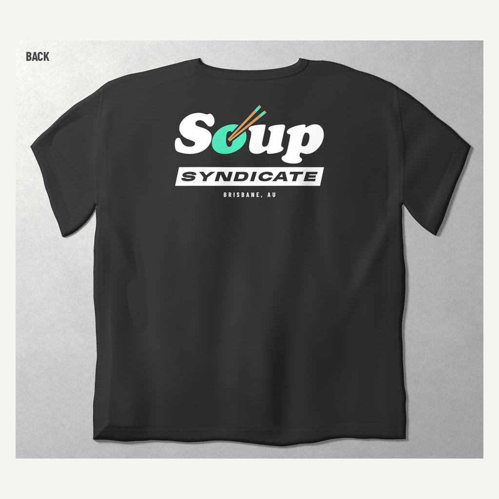 Soup Syndicate Big Lockup tee in washed black, back view with the big Soup SYNDICATE lockup and BRISBANE, AU