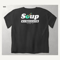 Soup Syndicate Big Lockup tee in washed black, back view with the big Soup SYNDICATE lockup and BRISBANE, AU