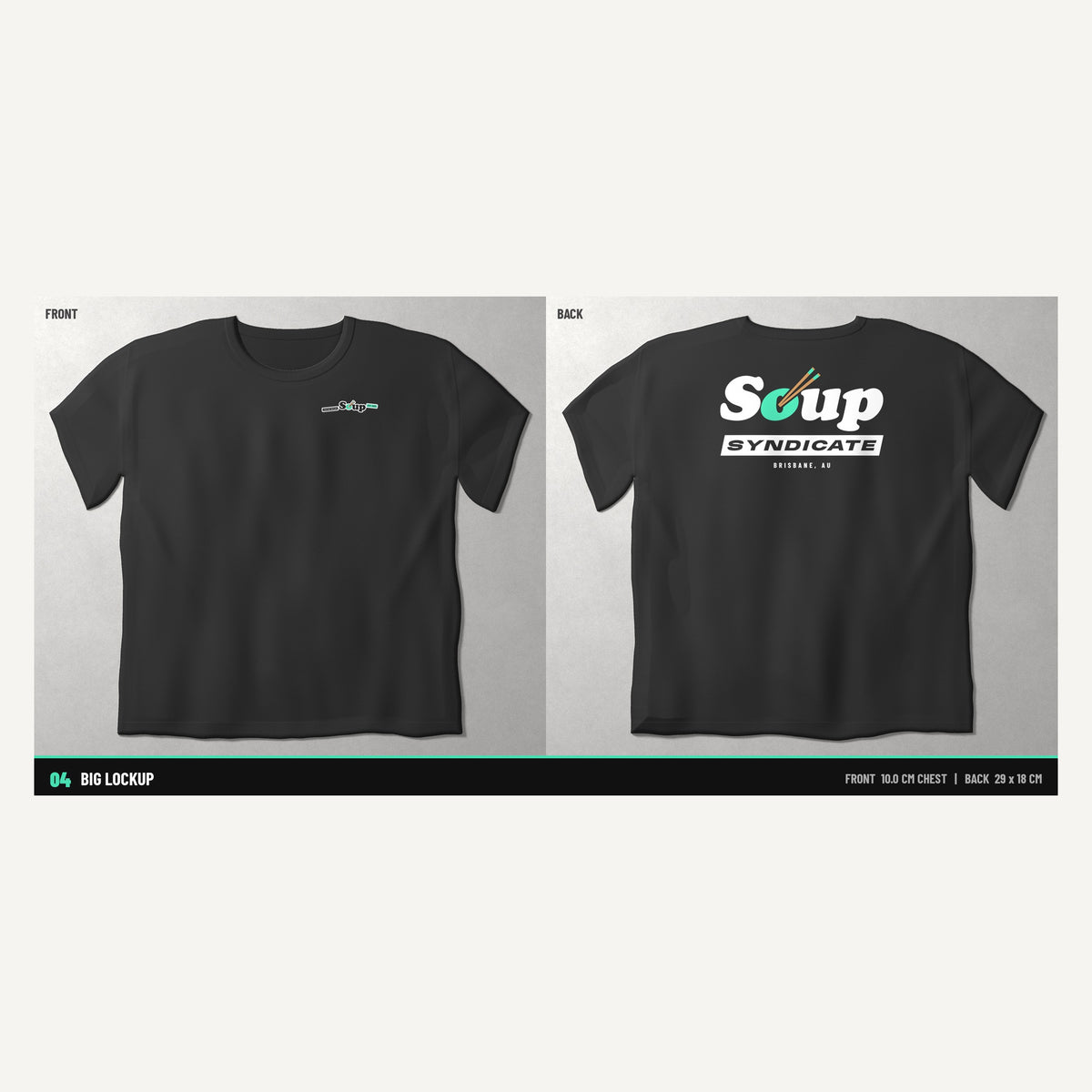 Soup Syndicate Big Lockup tee in washed black, front and back views side by side