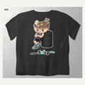 Soup Syndicate Tyre Stack Soupman tee in washed black, back view with Soupman sitting on a tyre stack over the Soup sticker row