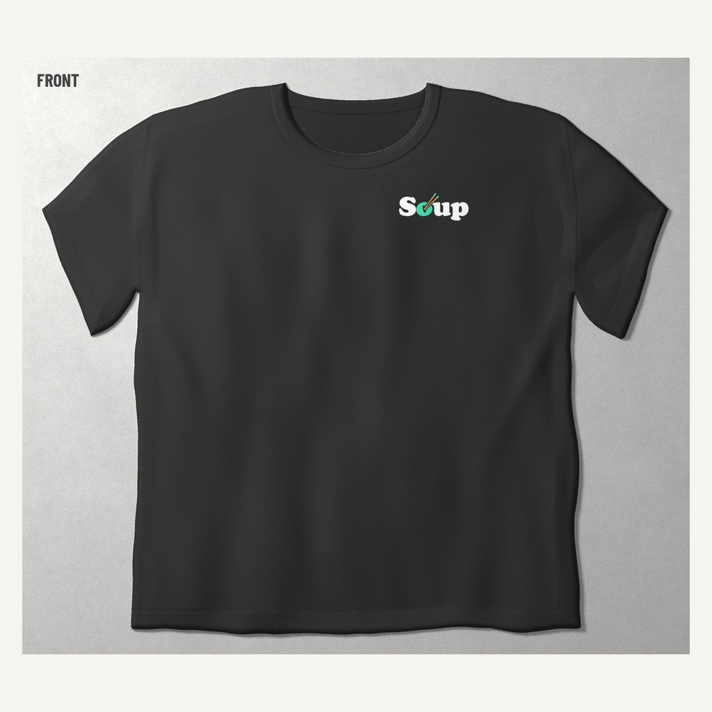 Soup Syndicate Tyre Stack Soupman tee in washed black, front view with the Soup wordmark on the chest