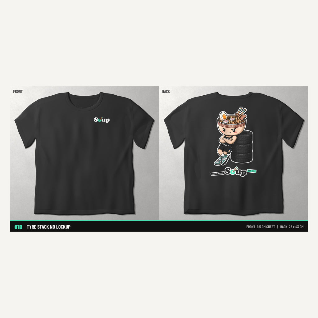 Soup Syndicate Tyre Stack Soupman tee in washed black, front and back views side by side