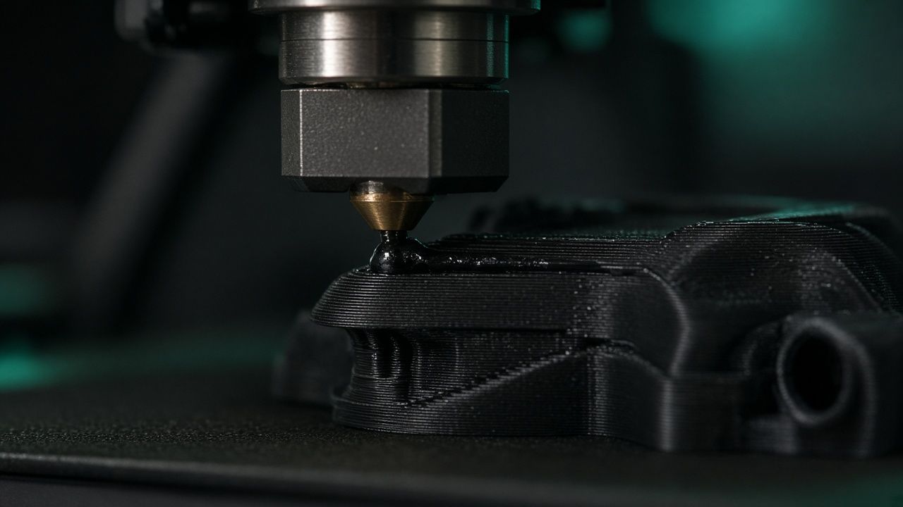 3D printer nozzle mid-print on a black part