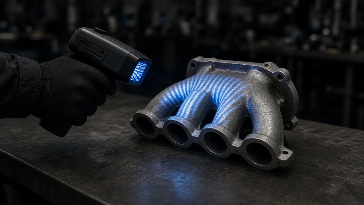 Handheld 3D scanner projecting blue light onto an intake manifold