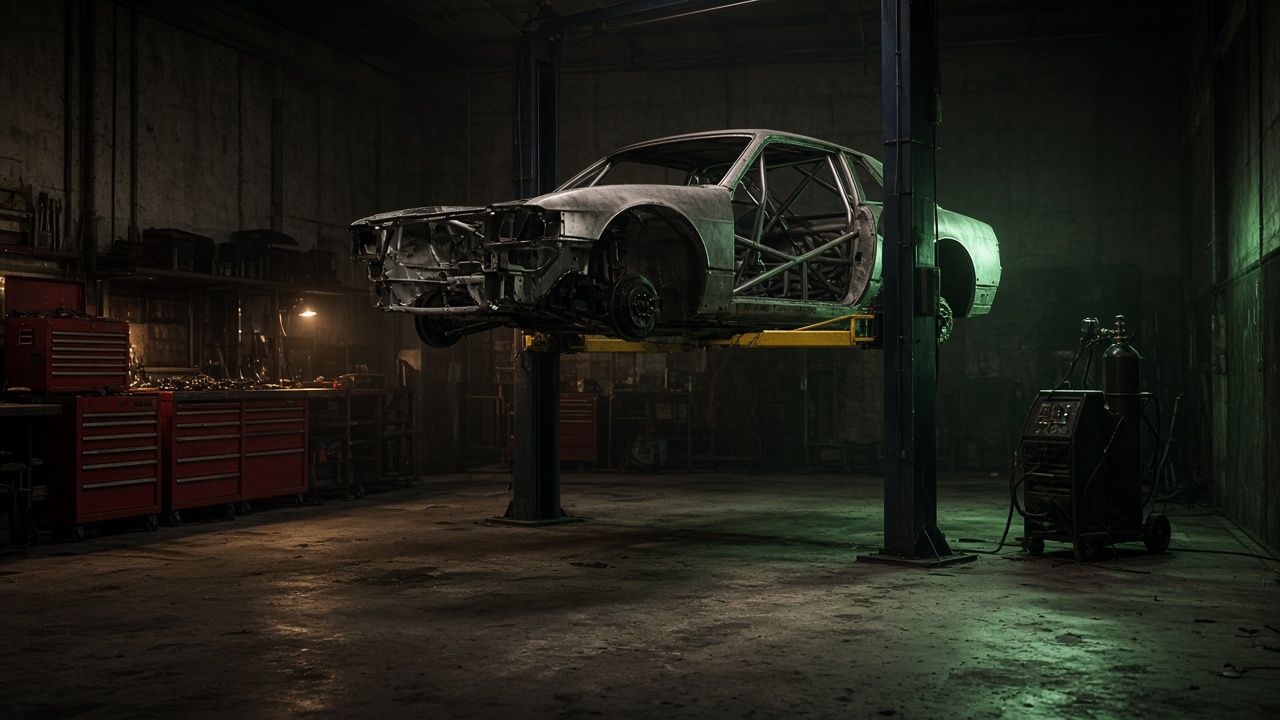 Workshop floor with a caged car on a hoist and tool chests