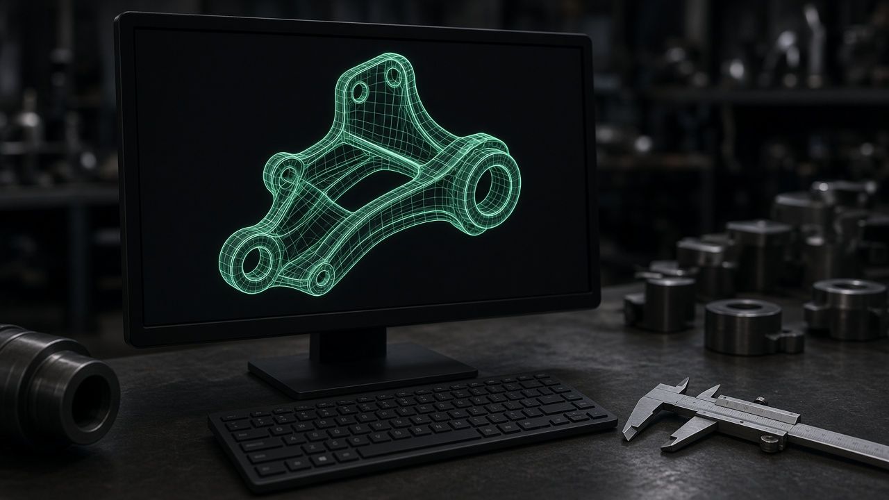 Monitor showing a 3D CAD wireframe of a bracket in a dark workshop