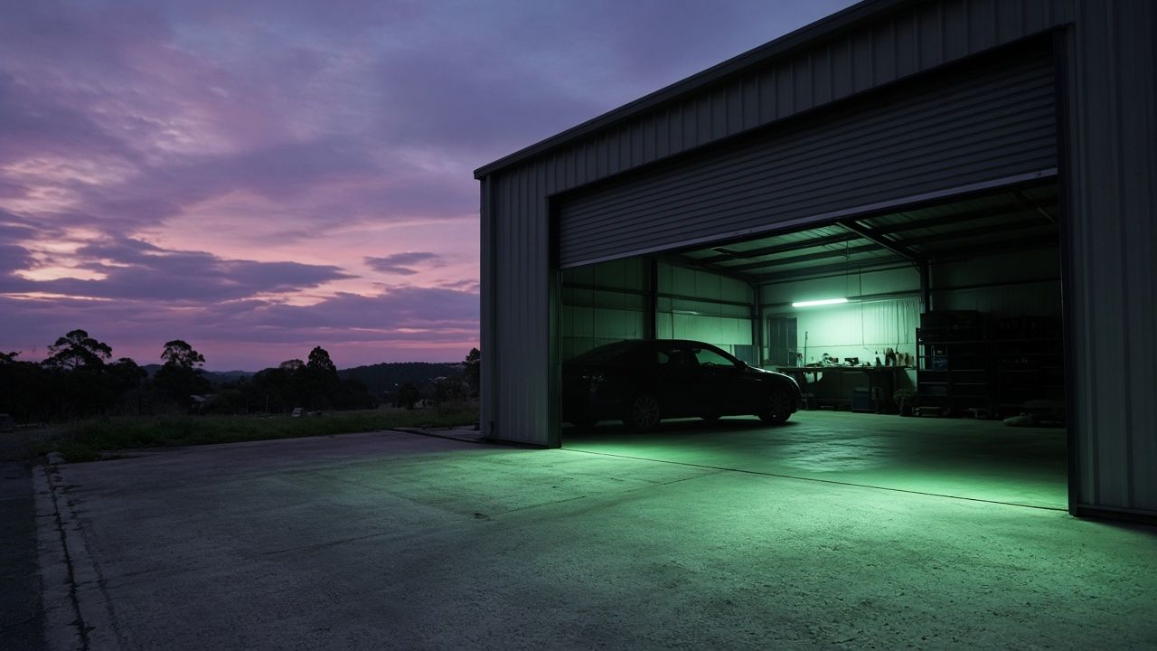 Workshop roller door at dusk