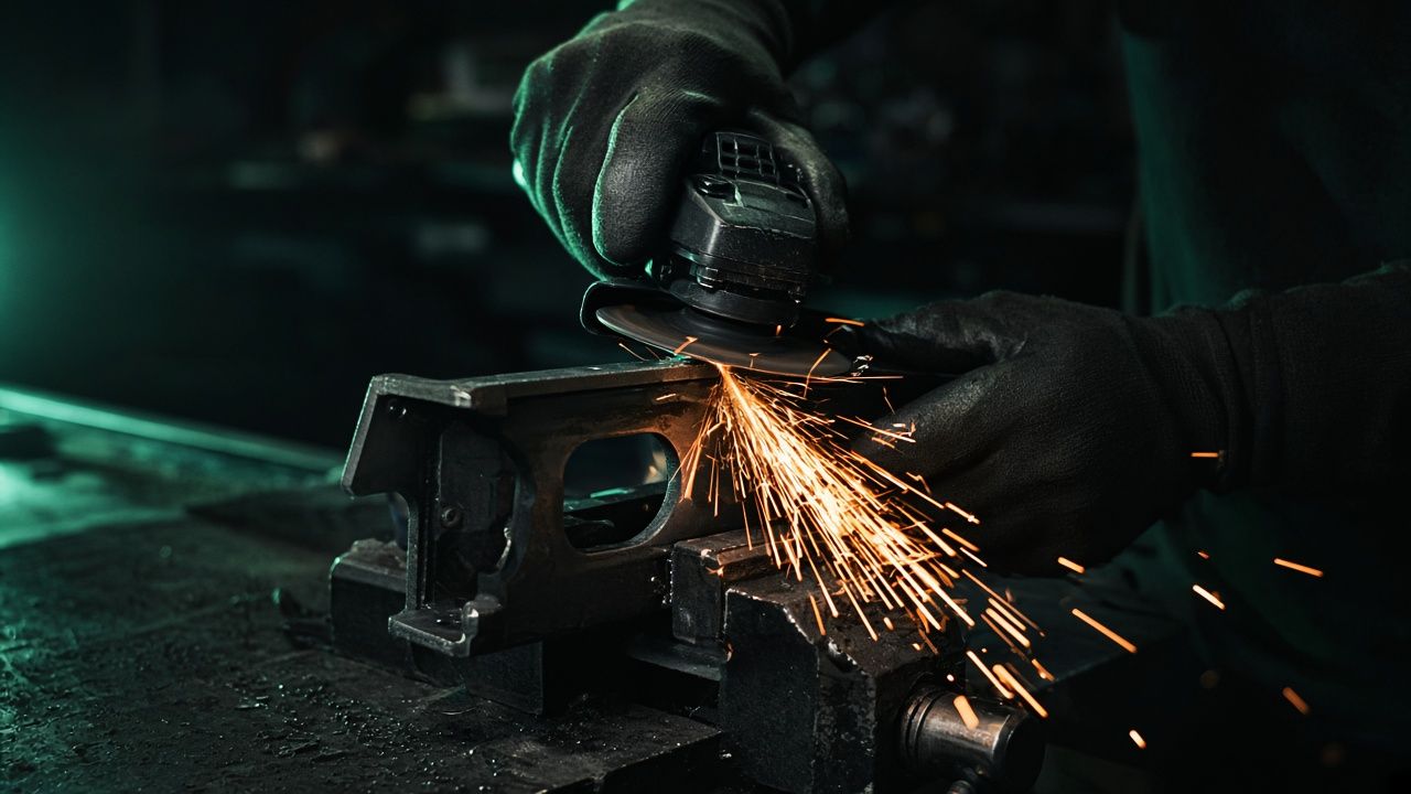 Angle grinder sparks on a steel bracket held in a vice