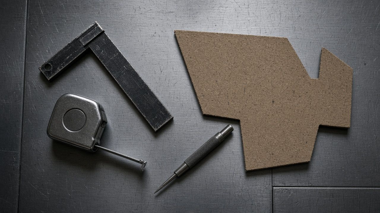 Tape measure and paper template on sheet metal on a workbench