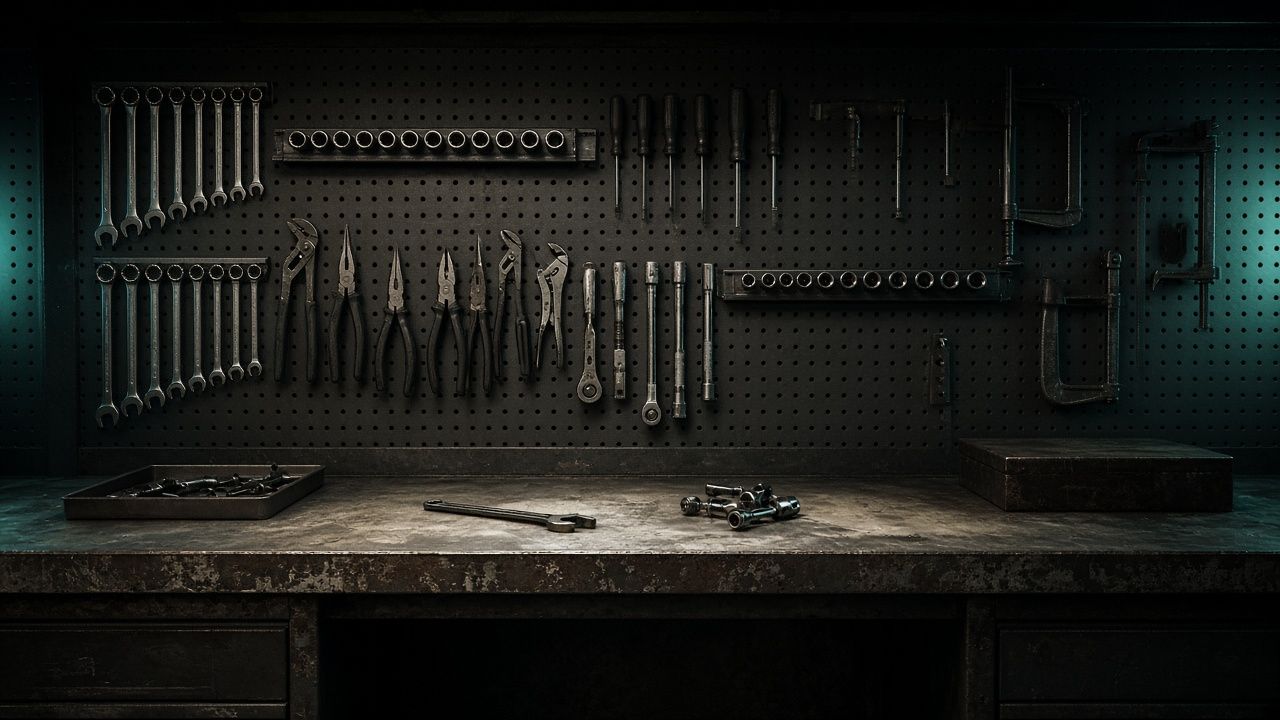 Workshop tool wall and workbench