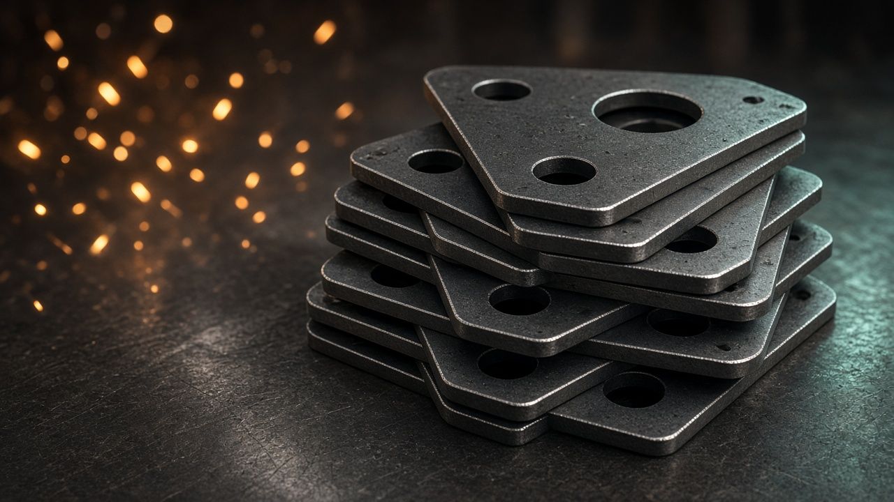 Pile of laser-cut steel gusset plates on a steel bench