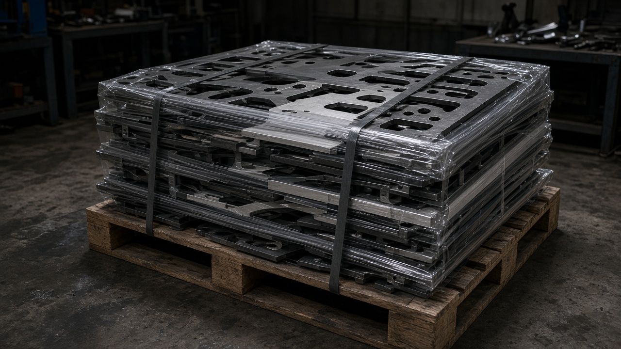 Flat-packed steel parts wrapped on a pallet for freight