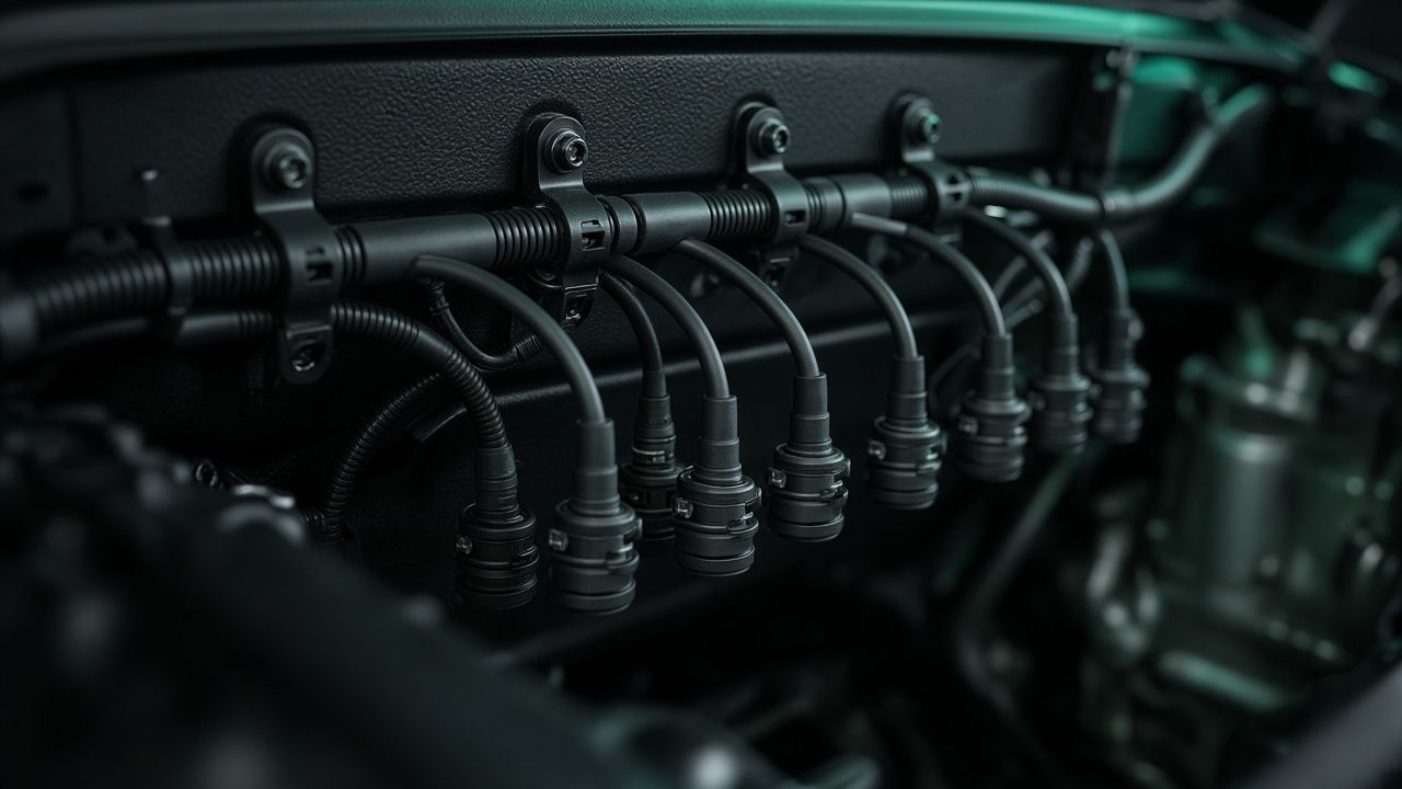 Motorsport engine bay wiring harness with sheathed looms and connectors